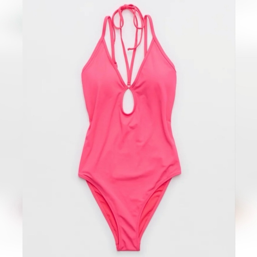 AE Aerie Cheeky Pink Halter Strappy V Neck Plunge One Piece Swimsuit Size Large